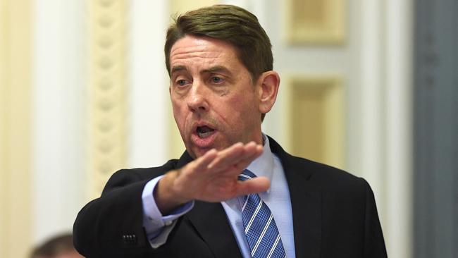 Queensland Minister for State Development, Infrastructure and Planning and Manufacturing Cameron Dick gestures during Question Time at Parliament House in Brisbane, Wednesday, June 13, 2018. (AAP Image/Dave Hunt) NO ARCHIVING