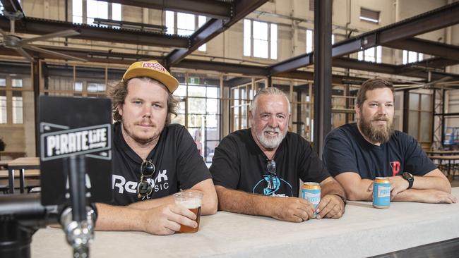 Jack Cameron, Michael Cameron and Jared ‘Red’ Proudfoot at their new brewery in Port Adelaide, when it opened in March last year. Picture: Simon Cross