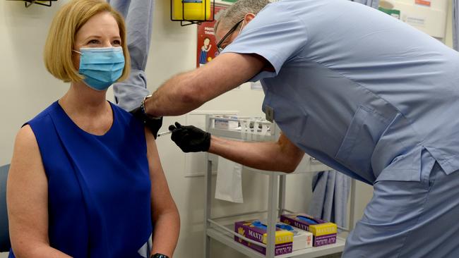 Former Labor Prime Minister Julia Gillard receives her jab in the bipartisan display of confidence in the AstraZeneca vaccine. Picture: Andrew Henshaw