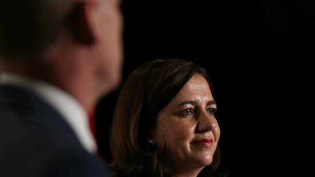 Annastacia Palaszczuk and Campbell Newman on stage during The Leaders’ Debate. Picture: Adam Head