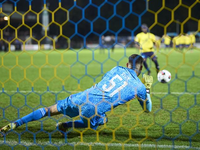 Ryan saves a penalty during the Danish Pokalen cup match between Hobro IK and FC Copenhagen on Thursday morning (AEDT). Picture: Lars Ronbog/FrontZoneSport via Getty Images