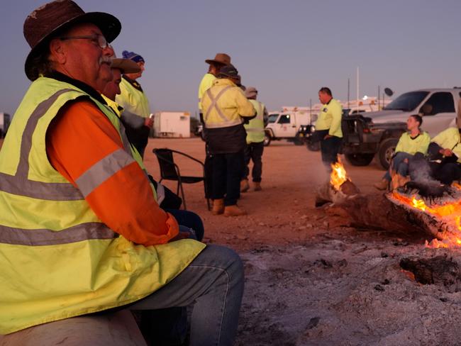 Campsite and campfire for crews working on the Cobb Hwy, near Wilcannia, northwest NSW. Picture: Supplied