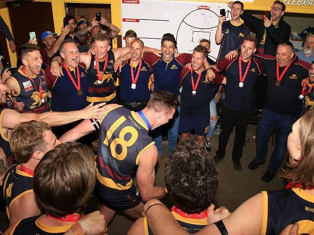 Doncaster East sings the song after its grand final win. Picture: Davis Harrigan