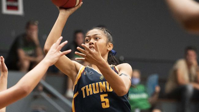 u16 girls basketball state championships, Auchenflower QLD. Div 1 semi Final Gold Coast Waves vs Logan Thunder. Thunder #5 Vahayliah Seumanutafa. April 8, 2021 - Picture: Renae Droop