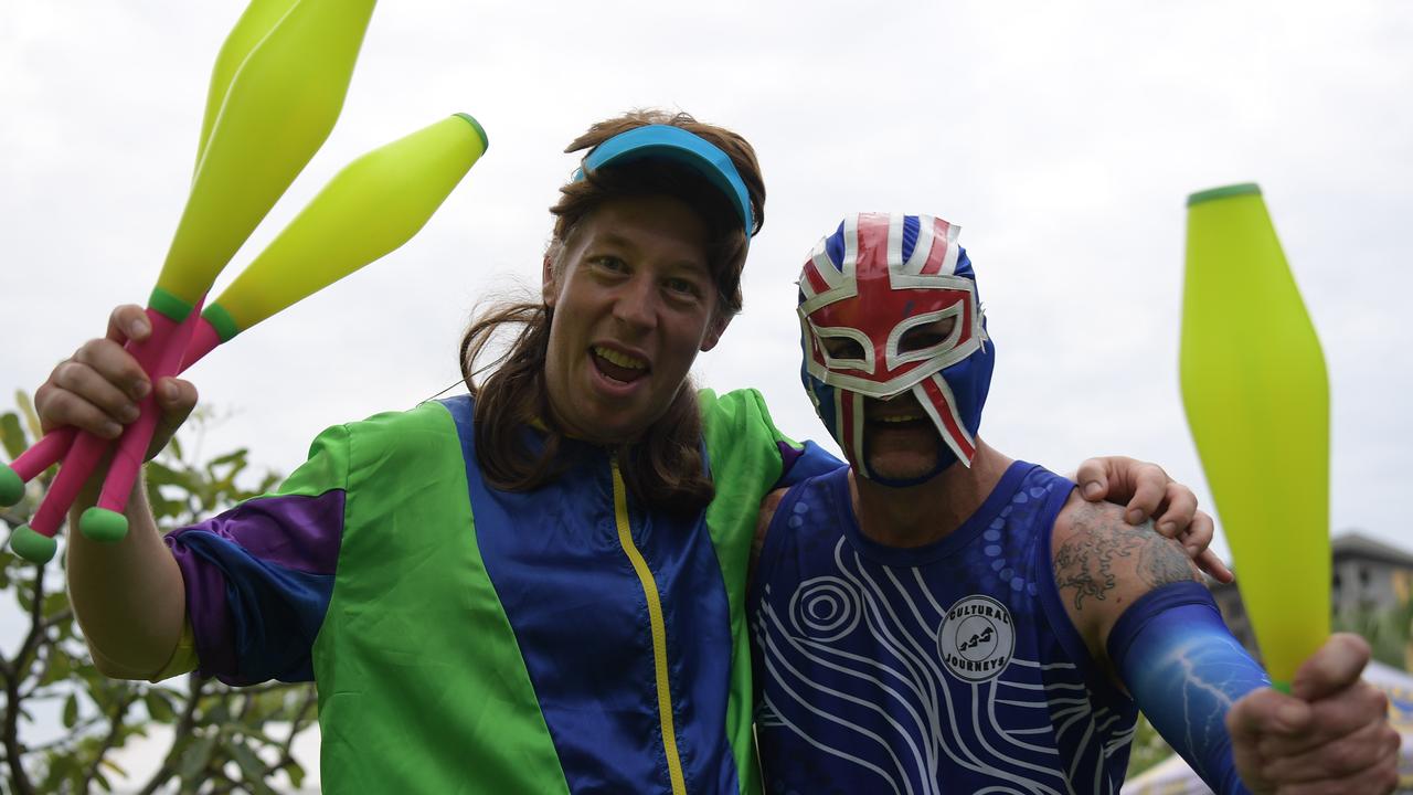 Juggler Michael Connell and El Lobo Mujado finishes the Australia Day 2023 fun run at Darwin Waterfront. Picture: (A)manda Parkinson