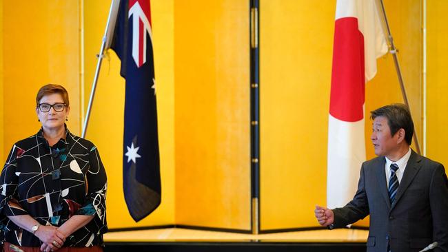 Foreign minister Marise Payne, left, and her Japanese counterpart Toshimitsu Motegi at the Iikura Guest House in Tokyo. Picture: AFP