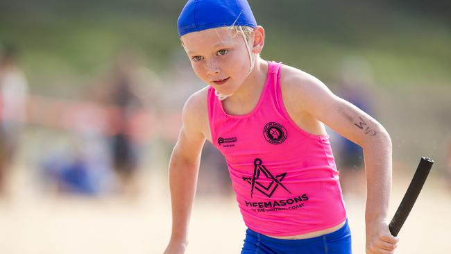 Terrigal competitor Zac Donnelly in action during the under-8 beach sprint during the Surf Life Saving Central Coast junior branch carnival at Copacabana Beach on Sunday. Picture: Troy Snook