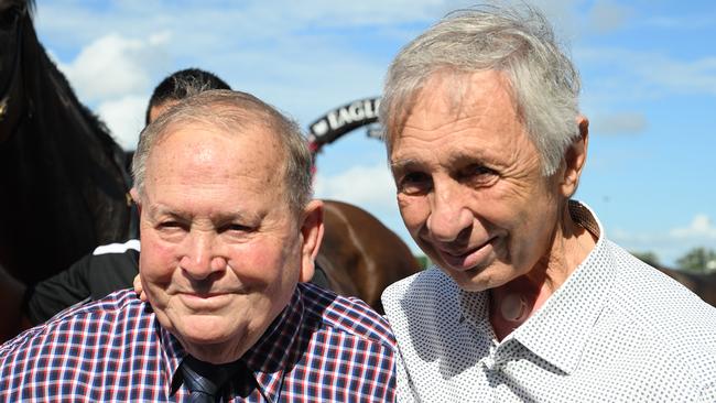 Former Brisbane racing trainer Barry Baldwin (left) and good friend Lucky Pippos. Picture: Grant Peters–Trackside Photography.