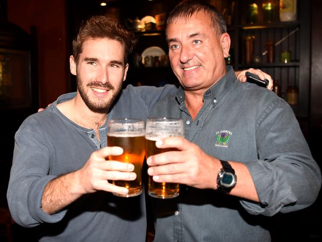 Passengers Scott Lodge from Melbourne and Rob Macdonald from Scotland who helped hold down the man. Picture: Nicole Garmston