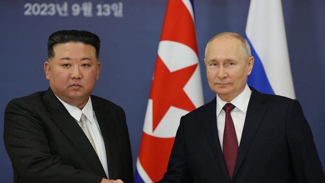 Russian President Vladimir Putin (right) meets with North Korea's leader Kim Jong Un. Picture: AFP