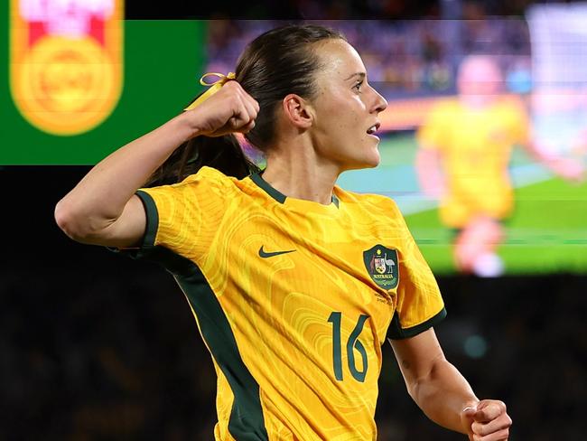 SYDNEY, AUSTRALIA - JUNE 03: Hayley Raso of Australia celebrates scoring a goal during the international friendly match between Australia Matildas and China PR at Accor Stadium on June 03, 2024 in Sydney, Australia. (Photo by Mark Metcalfe/Getty Images)