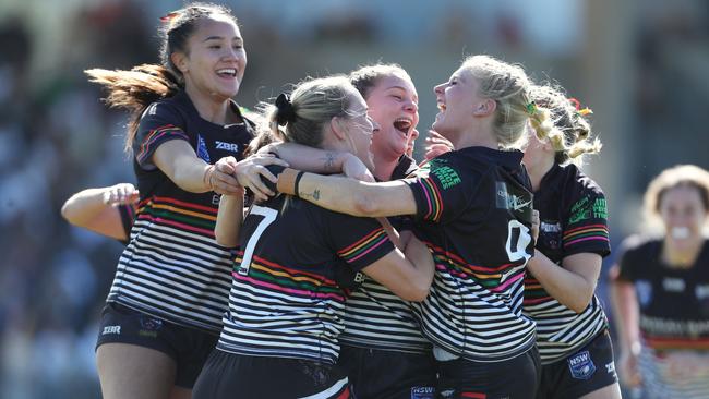 Berkeley Vale players celebrate after beating The Entrance 18-4 to claim the inaugural Central Coast women’s tackle premiership. Picture: Sue Graham