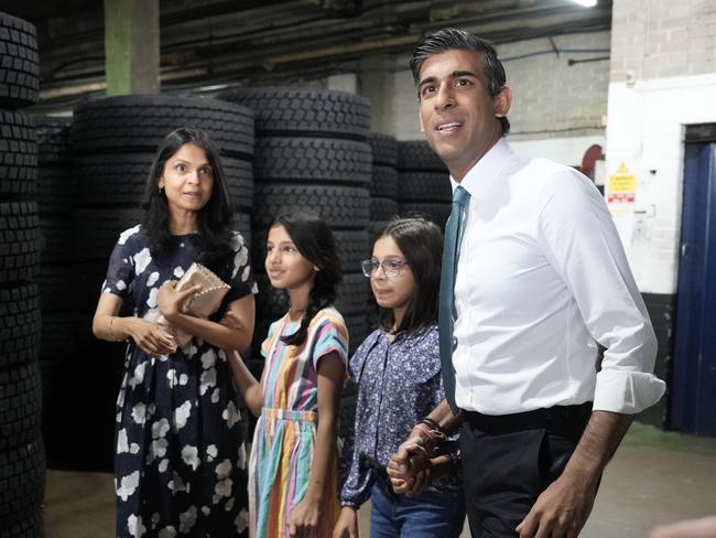 Rishi Sunak with daughters Krisna, Anoushka and wife Akshata Murthy. Picture: Getty Images