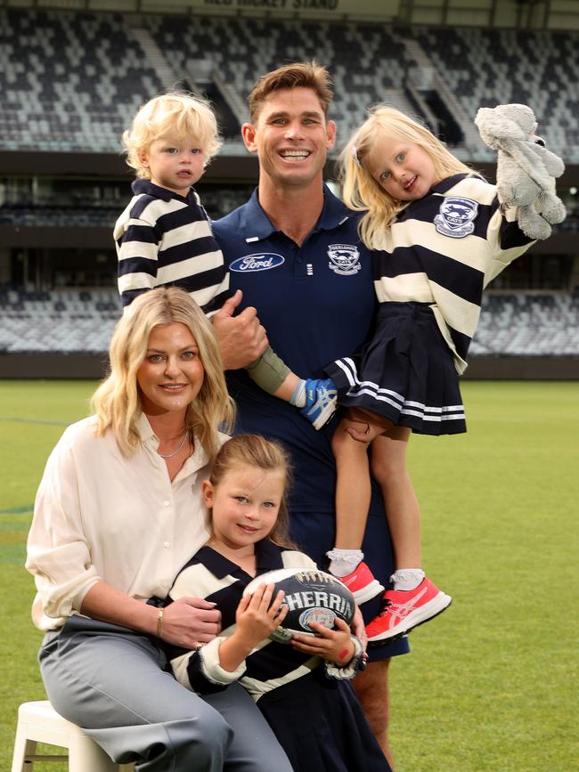 Tom Hawkins with his wife Emma and children Arabella, Primrose and Henry. Picture: Alison Wynd