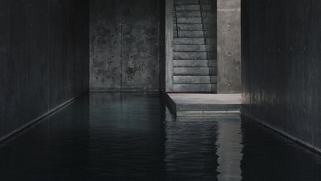 The sheltered black-concrete subterranean pool, linked to a planted void at the heart of the home. Picture: Ben Hosking.