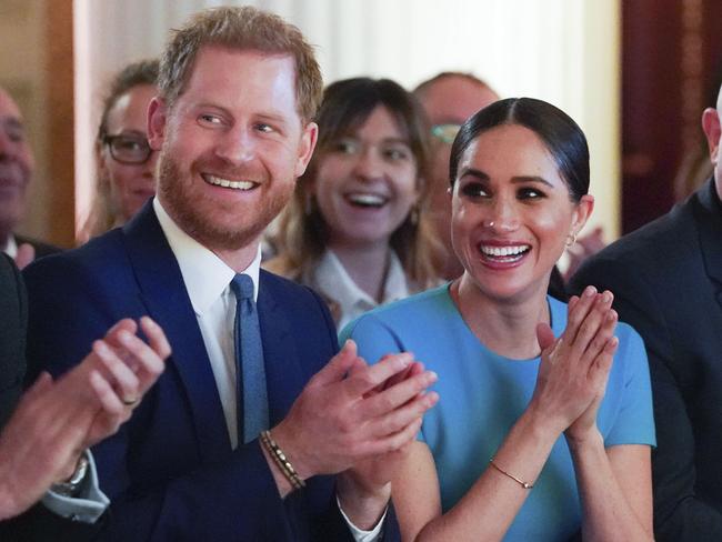 Prince Harry and Meghan at the Endeavour Fund Awards at Mansion House in London. Picture: AP