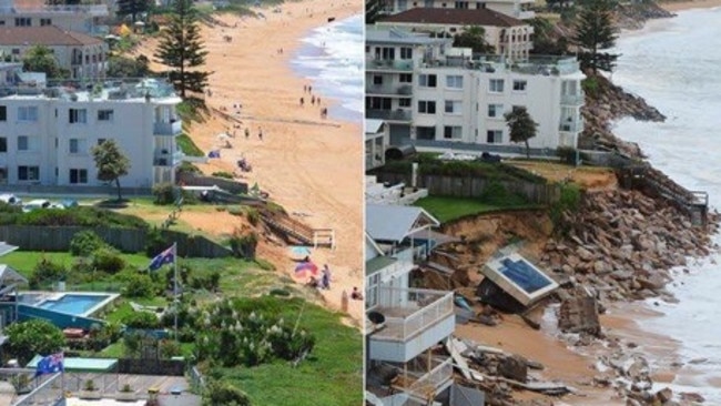 Before and after photo of the damage at Collaroy on Sydney’s northern beaches.