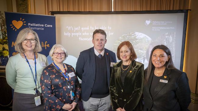 Tasmanian Launch of National Palliative Care Week, J W Whittle Palliative Care Unit nurse manager Angela Kosmeyer, Specialist Palliative Care Service South Community Team nurse unit manager Nadine Clarke, terminal cancer suffer Peter Rasmussen, Governor and Patron of Palliative Care Tasmania, Her Excellency, the Honourable Barbara Baker AC and Palliative Care Tasmania CEO Veney Hiller at Government House Tasmania. Picture: Chris Kidd