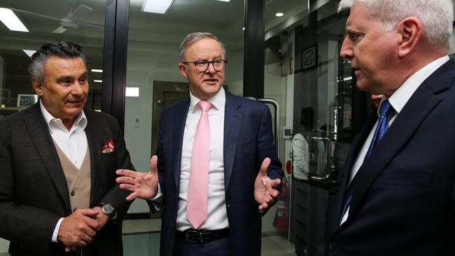 Nic Cerrone of Cerrone Jewellers, left, with Anthony Albanese and Skills and Training Minister Brendan in Sydney on Monday. Picture: Gaye Gerard