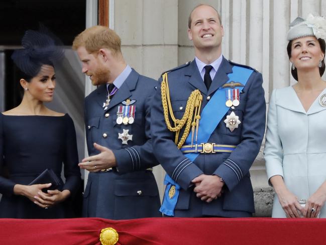 The Sussexes and the Cambridges stand on the balcony of Buckingham Palace in 2018. Picture: AFP