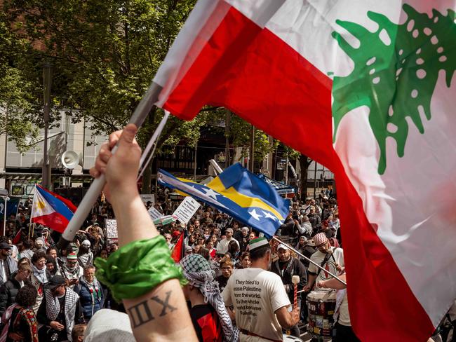 Protesters at the pro-Palestine rally in Melbourne wave various flags, including those from Lebanon and Bosnia, as the crowd gathers to mark one year since Israel began its current campaign against Gaza. Picture: Tamati Smith.