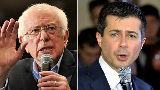 From high school hero to modern rival — Democratic presidential hopeful Pete Buttigieg (right) predicted his battle with Bernie Sanders (left). Picture: Joseph Prezioso / AFP