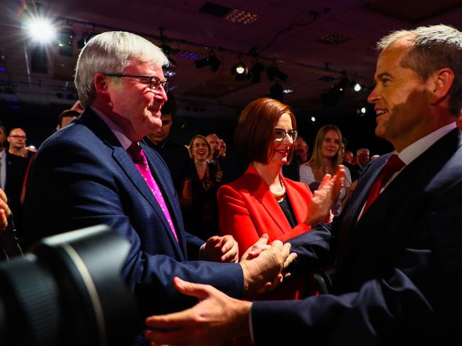 Happier times. Bill Shorten greets former Labor leaders Julia Gillard and Kevin Rudd at Labor’s campaign launch in early May. Picture: Patrick Hamilton/ AFP