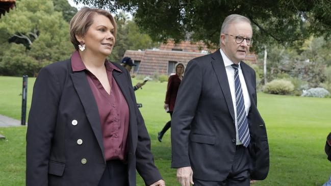 The newest member of the ALP arrives with Prime Minister Anthony Albanese to tell the media her big news. Picture: Philip Gostelow