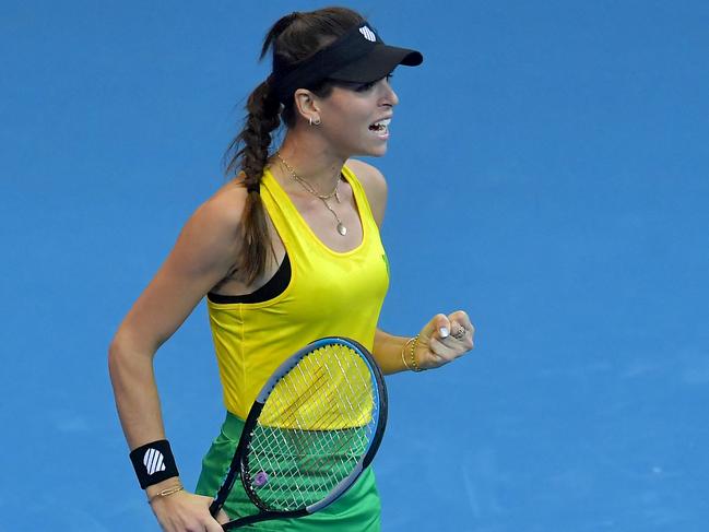 Ajla Tomljanovic of Australia reacts after she defeated Aliaksandra Sasnovich of Belarus (not pictured) in their tennis match of the Billie Jean King Cup finals between Belarus and Australia on November 4, 2021 in Prague. (Photo by Michal Cizek / AFP)