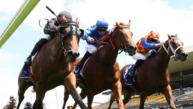 The Playwright held off Tempted and Snitzel Miss in the Widden Stakes. Picture: Jeremy Ng-Getty Images