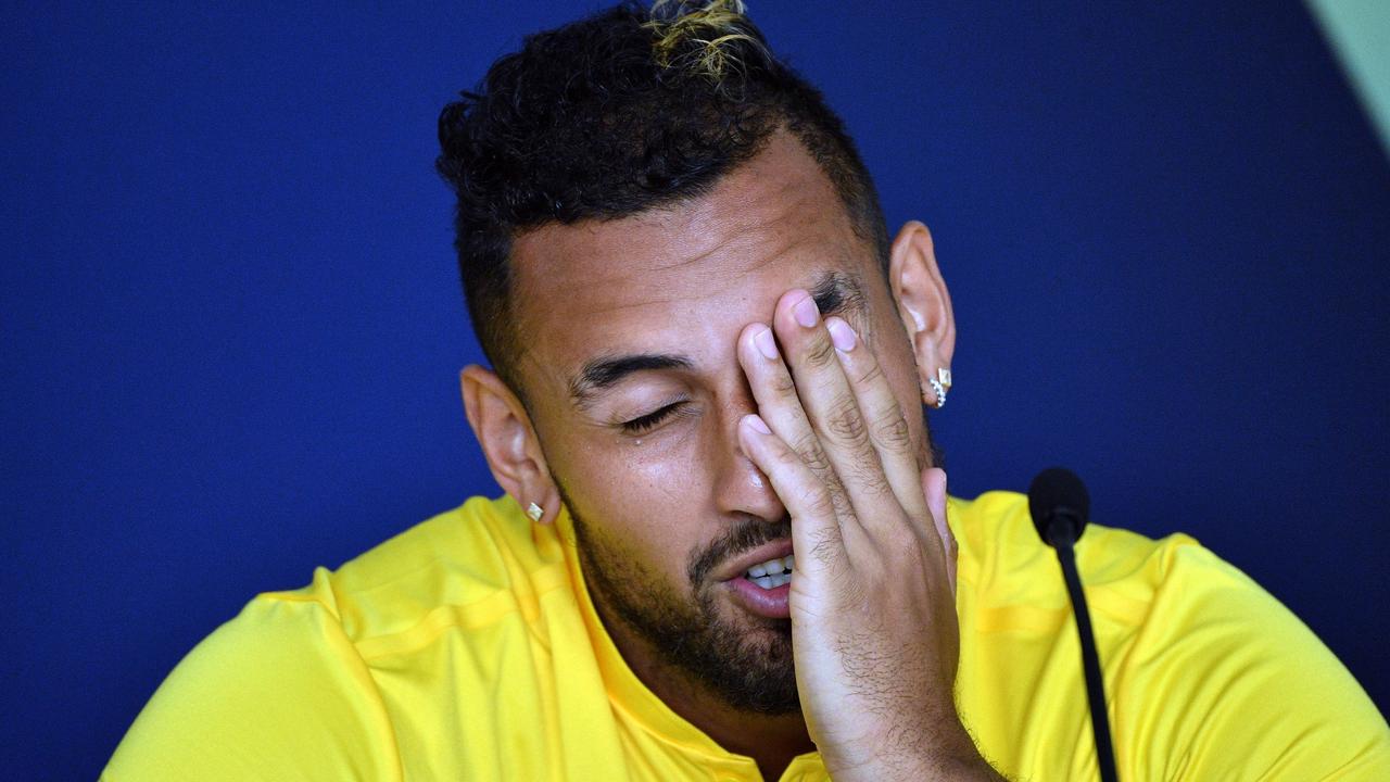 Australia's Nick Kyrgios speaks during a press conference at the Queensland Tennis Centre in Brisbane on January 2, 2020. (Photo by SAEED KHAN / AFP) / -- IMAGE RESTRICTED TO EDITORIAL USE - STRICTLY NO COMMERCIAL USE --