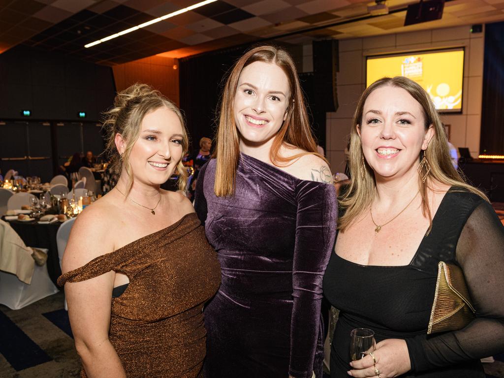 At the Business disAbility Awards of Australia are (from left) Tamekka Masters, Ebony Matthews and Ange Di Mauro at Edmund Rice Cultural Centre, Saturday, May 17, 2025. Picture: Kevin Farmer