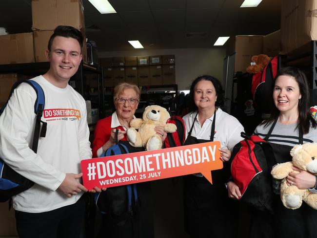 DoSomething Day 2018. Joy Jones, Rebecca Ristic and Kelly Doyle pose for a photo at Foster Care Angels in Castle Hill today, July 25, 2018. The charitable organisation puts together care packages for kids when they first enter foster care. (AAP Image/David Swift)