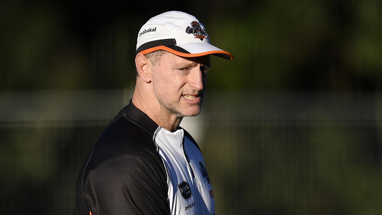 BRISBANE, AUSTRALIA - JULY 21: Wests Tigers coach Michael Maguire looks on during a Wests Tigers NRL training session at Gilbert Park on July 21, 2021 in Brisbane, Australia. (Photo by Albert Perez/Getty Images)