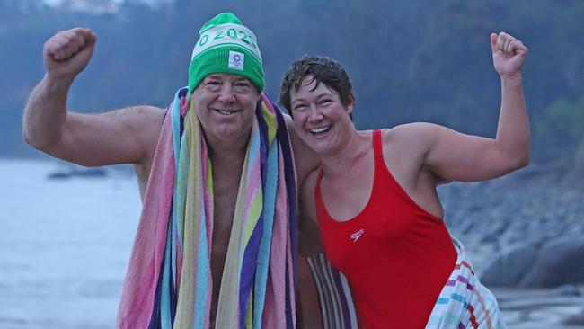 Joff Jennings and Caley Pearce both of Hobart during the solstice swim at Taroona Beach. Picture: ZAK SIMMONDS