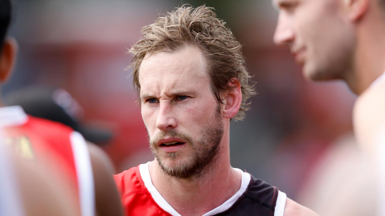 MELBOURNE, AUSTRALIA – MARCH 03: Jimmy Webster of the Saints looks on at the quarter time break during the 2024 AFL AAMI Community Series match between the St Kilda Saints and North Melbourne Kangaroos at RSEA Park on March 03, 2024 in Melbourne, Australia. (Photo by Dylan Burns/AFL Photos via Getty Images)