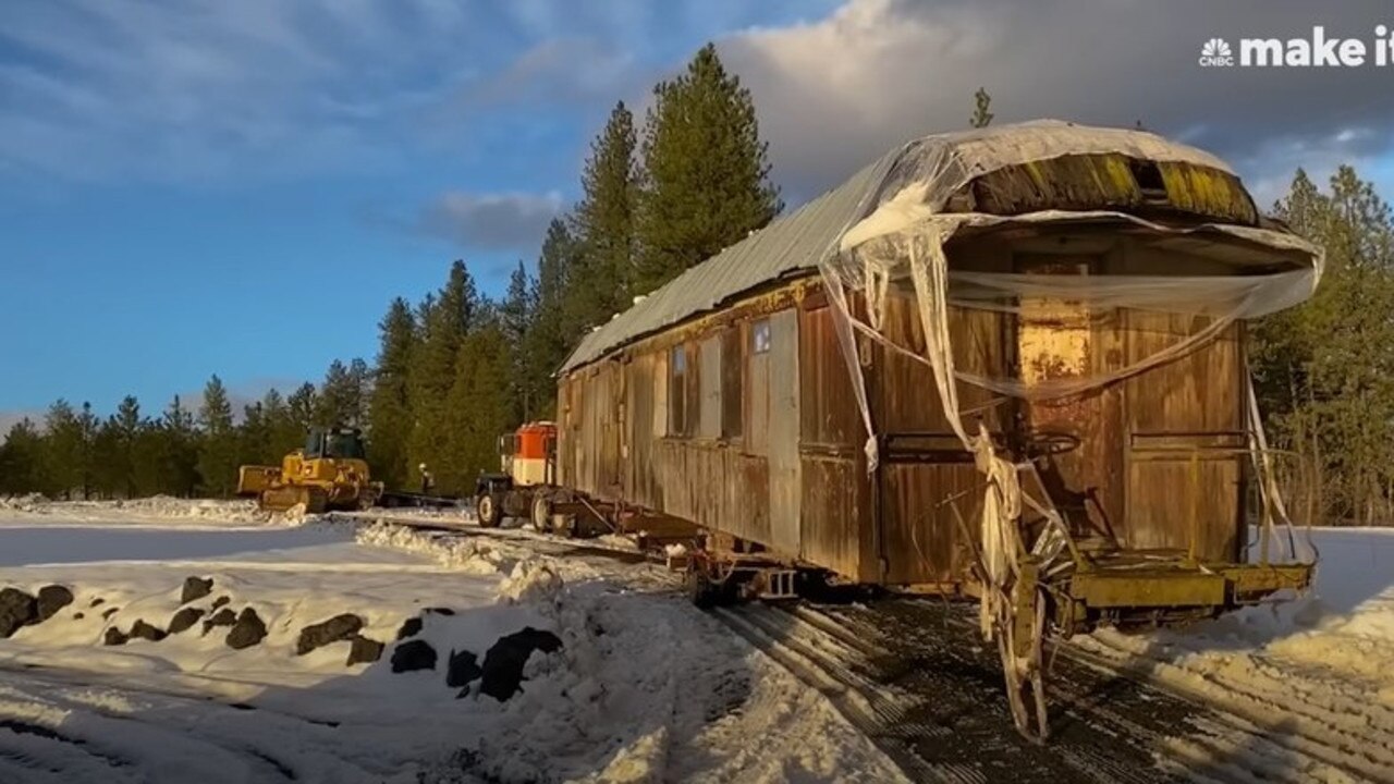 “It was in really rough shape, most of the wood was starting to rot, there was algae growing on it, there were around 20 cats that were living inside, so it stunk really, really badly,” French recalled. (Picture: YouTube/CNBCTrain car)