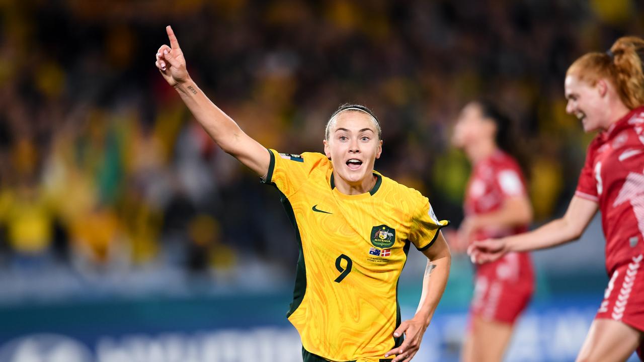 Arsenal attacker Caitlin Foord celebrates scoring against Denmark in the round of 16.