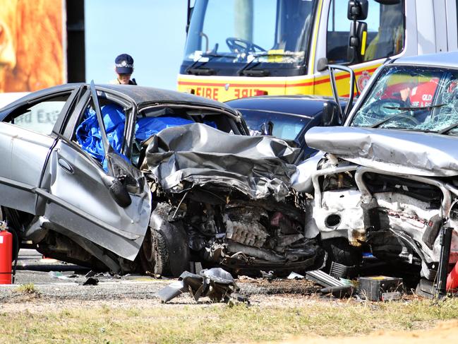 Emergency services attend a 3 person fatal crash involving four vehicles south of Townsville. Picture: Alix Sweeney