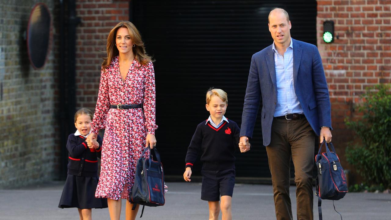 William, Kate and Prince George with Princess Charlotte on her first day of school. Picture: Aaron Chown – WPA Pool/Getty Images