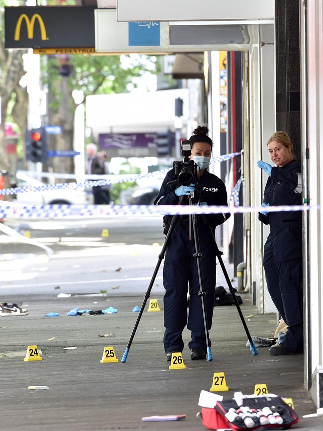 The Bourke St footpath covered in debris. Picture: Nicki Connolly