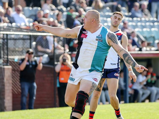 EDFL: St Albans v Hillside at Coburg City Oval, Coburg. 27th August. No 23 of Hillside celebrates his goal.Picture : George Sal