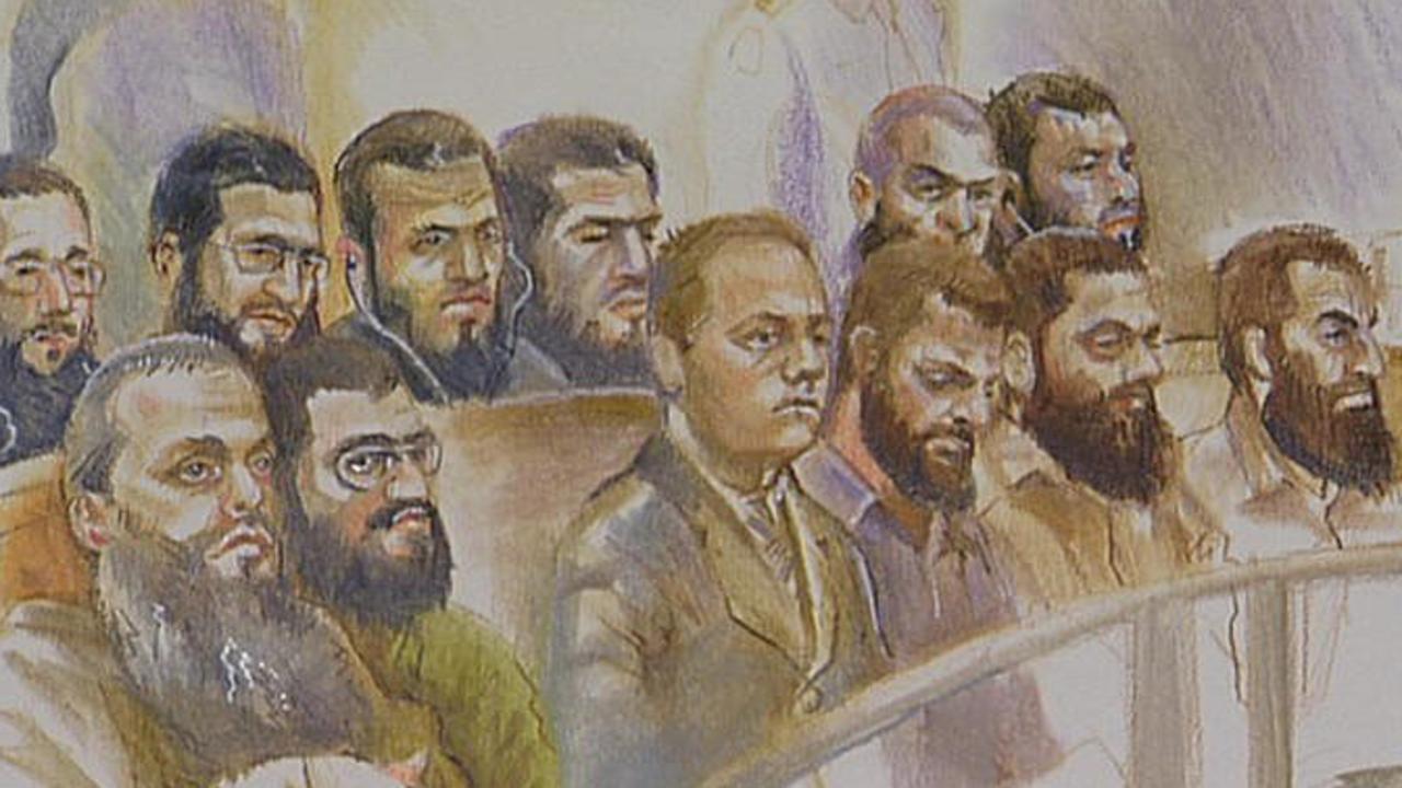 Court drawing of the leader Abdul Nacer Benbrika (bottom left).