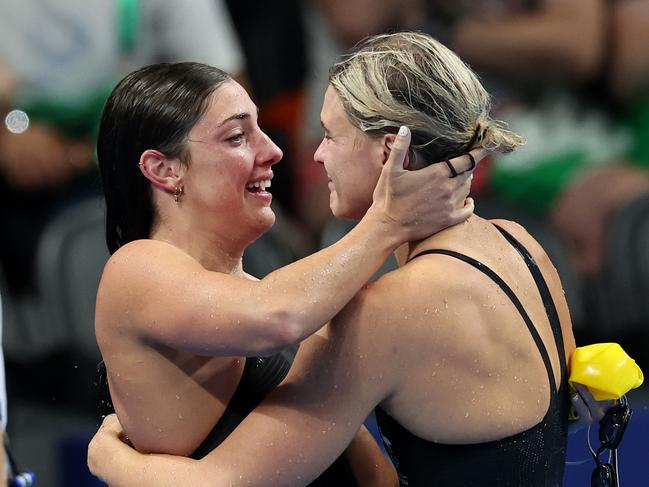 A shocked Meg Harris embraced Shayna Jack after the final. Picture: Adam Head