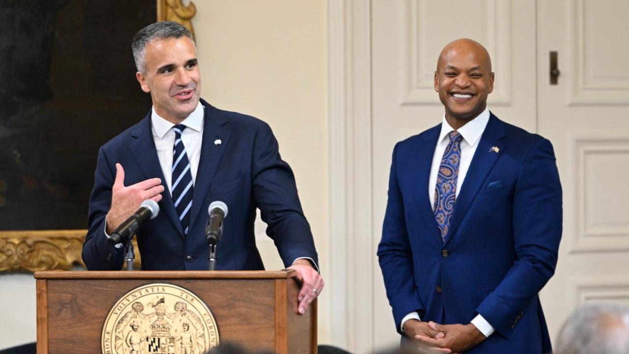 Premier Peter Malinauskas at a press conference with Maryland Governor Wes Moore. Picture: Supplied