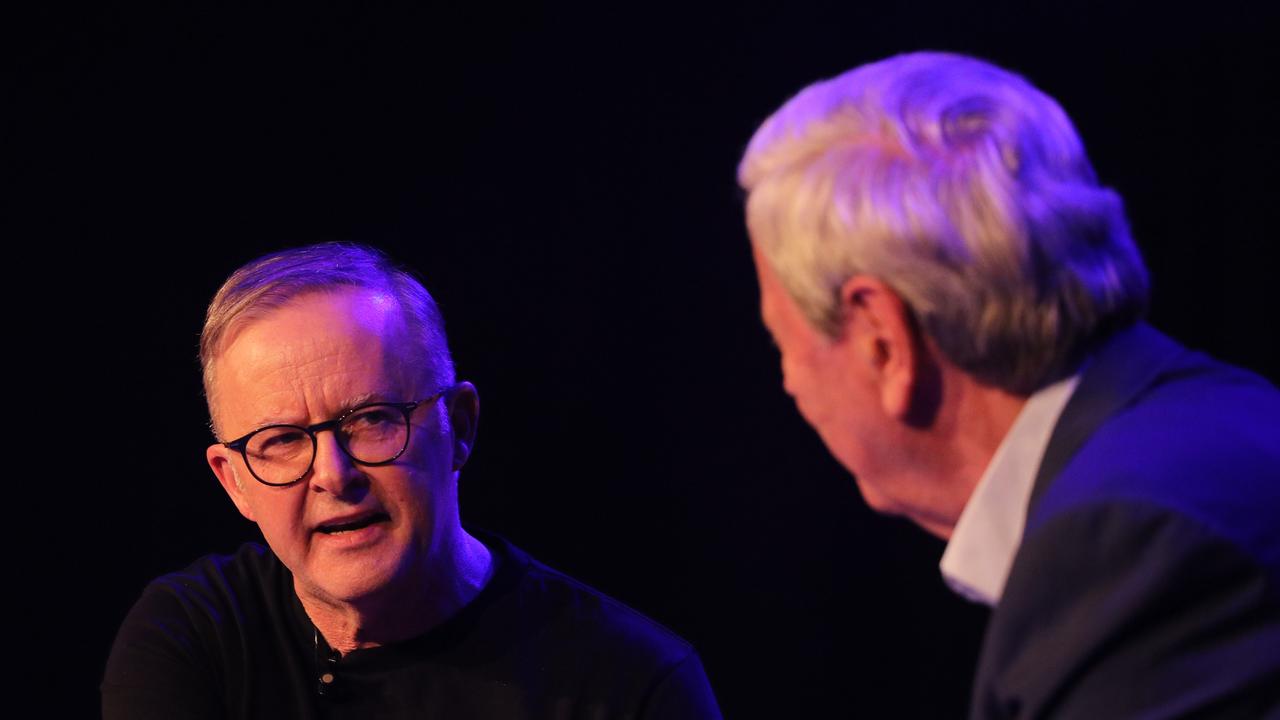 Prime Minister Anthony Albanese shakes hands with Ray Martin at The West Says Yes event, Marrickville. Picture: NCA NewsWire / Max Mason-Hubers