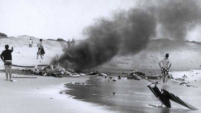 Photograph of Sea World helicopter crash on Stradbroke Island which killed seven people. March 3, 1991. Scan of original photograph by Cavan Flynn.