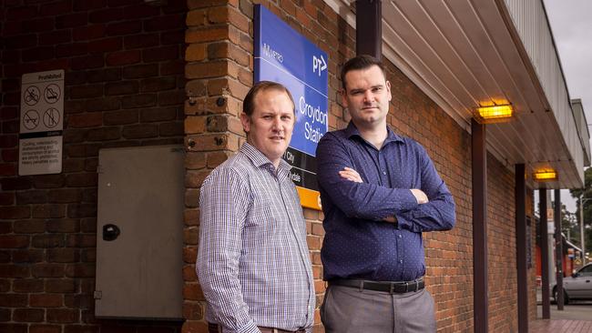 Eastern Transport Coalition chair Stuart James and deputy chair Michael Macdonald are calling for an upgraded Croydon railway station and more services on the Belgrave and Lilydale lines. Photo: Daniel Pockett