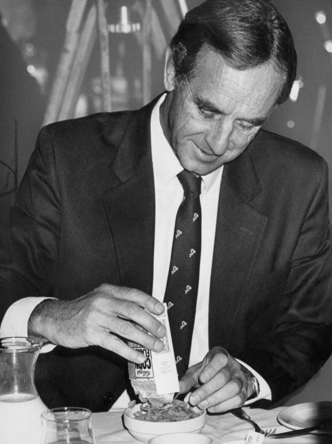 John Cain enjoys a bowl of breakfast cereal in 1987.