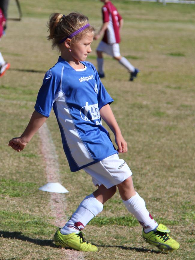 Zara Kruger at under 7s Warwick football. Picture: Erin Smith / Warwick Daily News